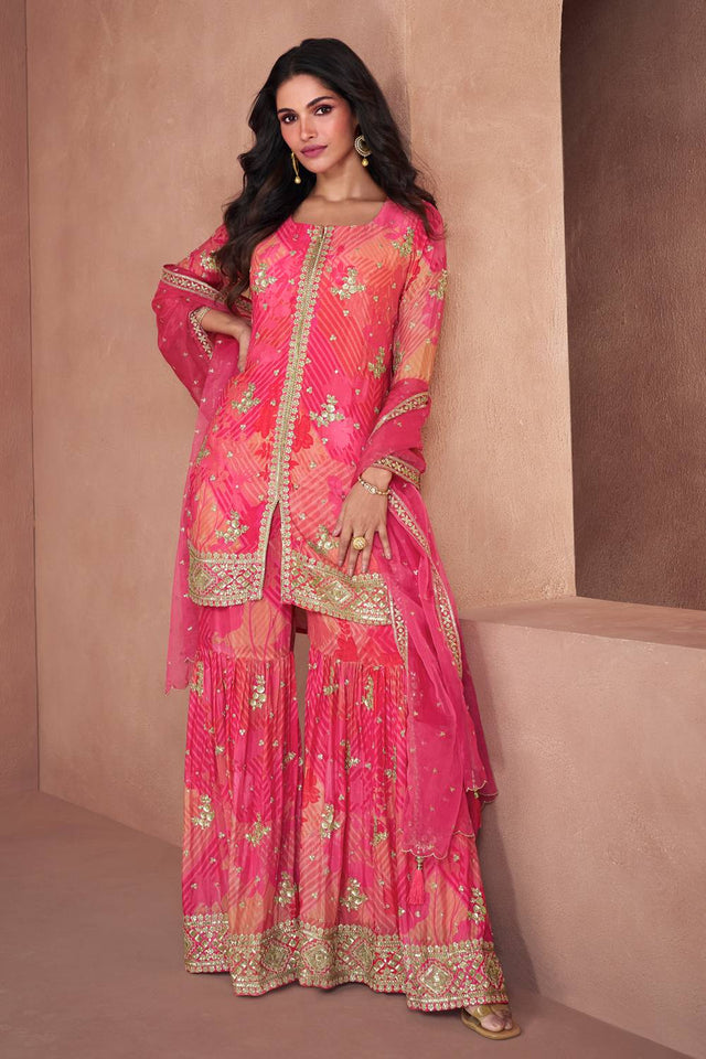 Pink Sequin With Embroidered Georgette Palazzo Suits
