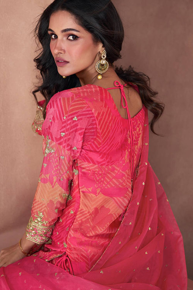 Pink Sequin With Embroidered Georgette Palazzo Suits