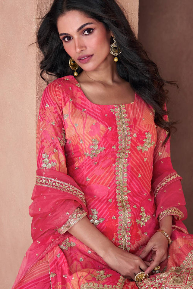 Pink Sequin With Embroidered Georgette Palazzo Suits