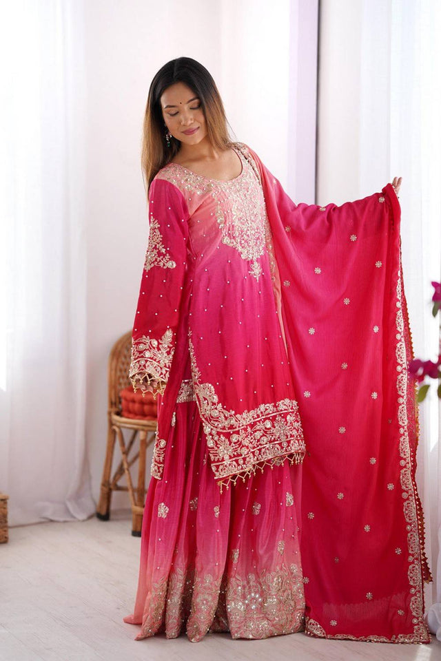 Pink Sequin with Embroidered Silk Palazzo Suits