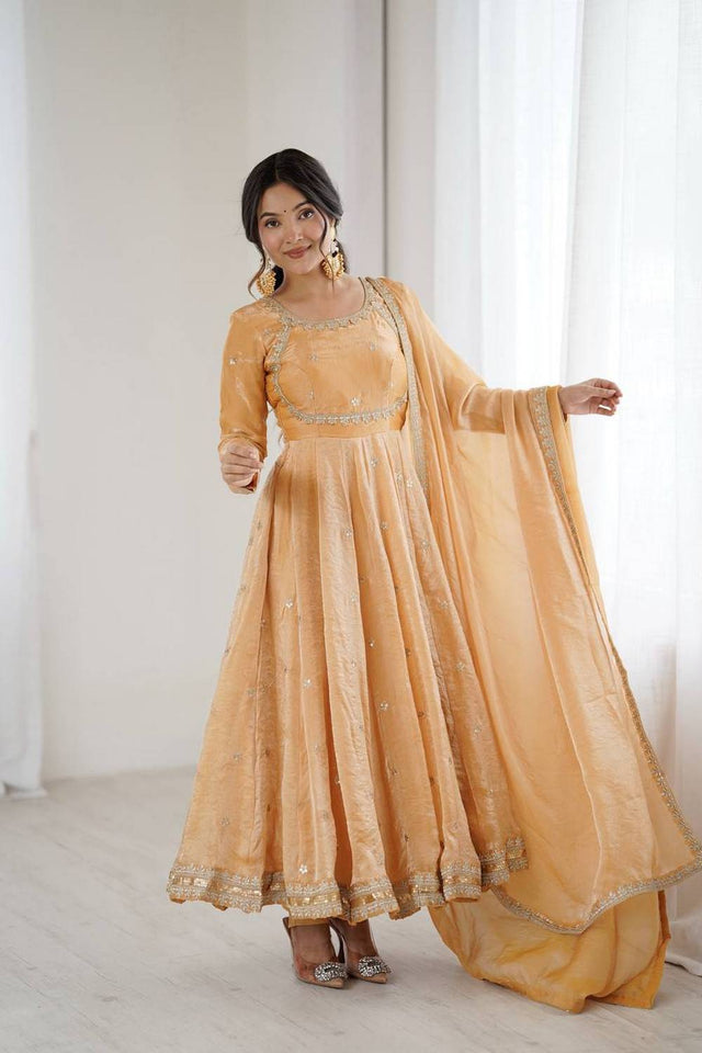 Gold Sequin with Embroidered Silk Anarkali Suits