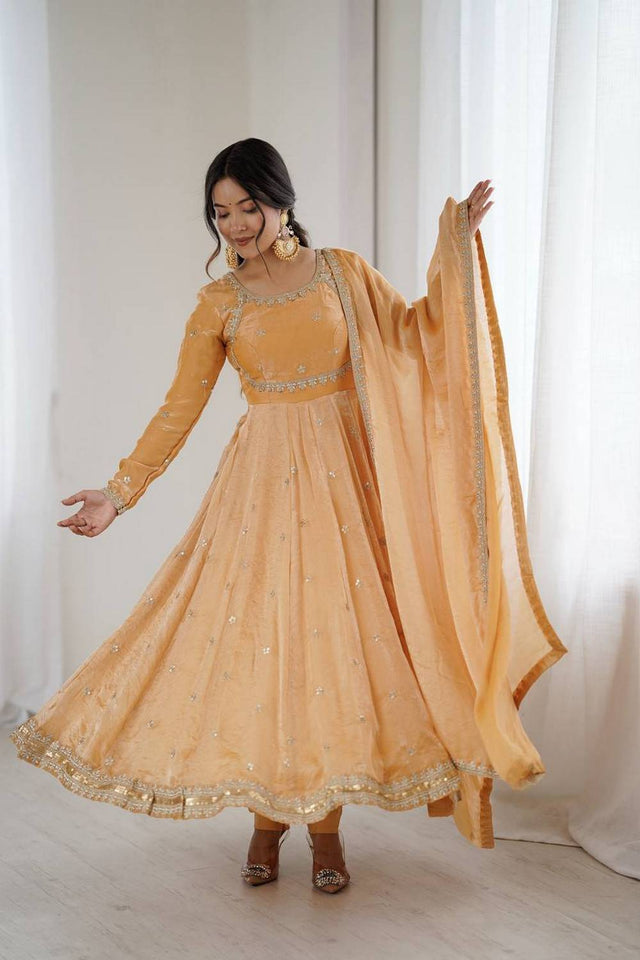 Gold Sequin with Embroidered Silk Anarkali Suits