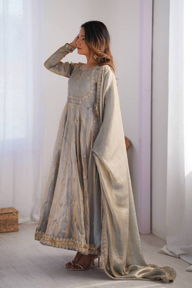 Grey Sequin with Embroidered Silk Anarkali Suits