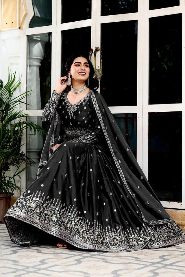 Black Sequin with Embroidered Silk Gown (SP-12- Black)