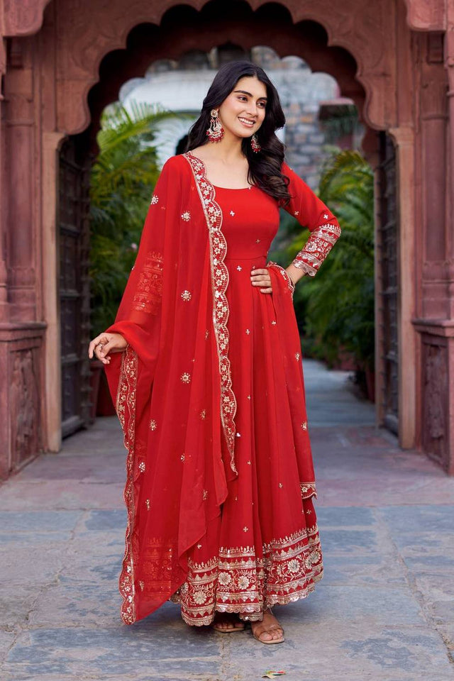Red Sequin with Embroidered Georgette Anarkali Suits