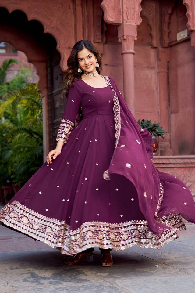 Wine Sequin with Embroidered Georgette Anarkali Suits