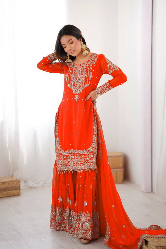 Orange Sequin with Embroidered Georgette Sharara Suits