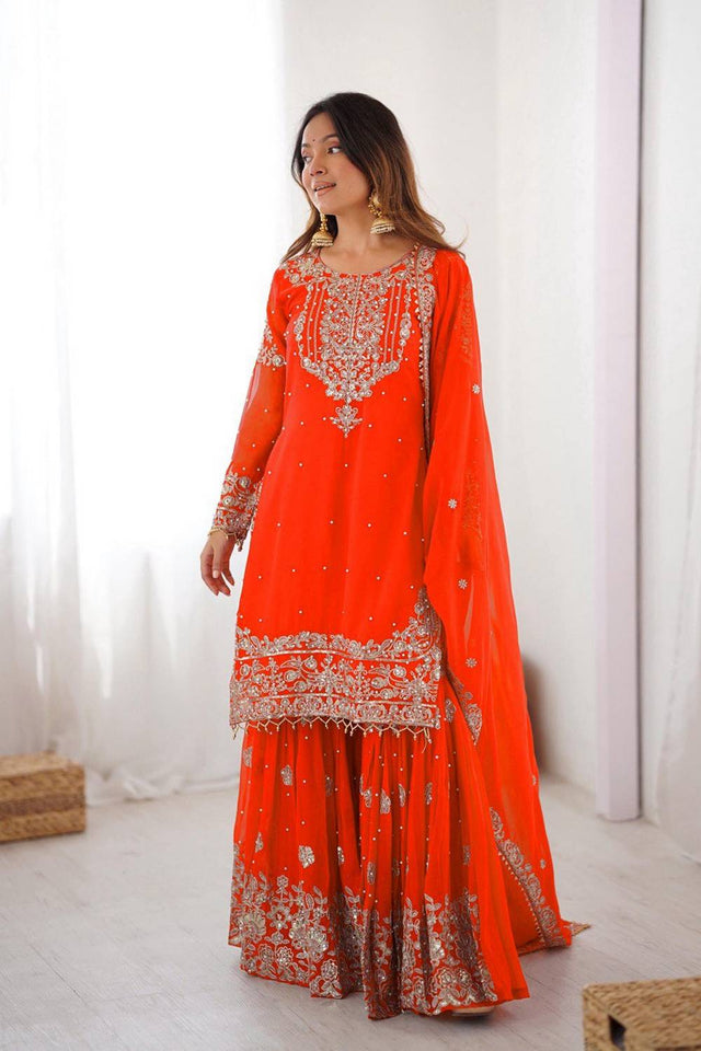 Orange Sequin with Embroidered Georgette Sharara Suits