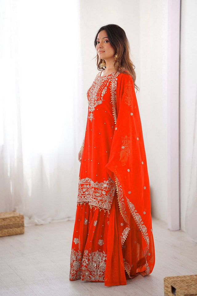Orange Sequin with Embroidered Georgette Sharara Suits