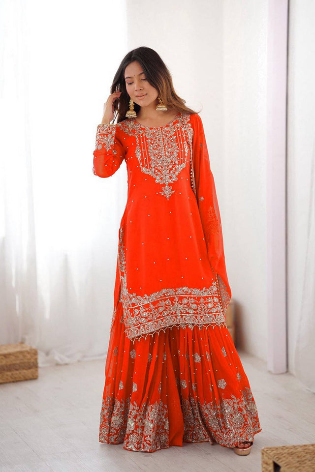 Orange Sequin with Embroidered Georgette Sharara Suits