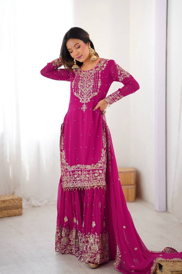 Pink Sequin with Embroidered Georgette Sharara Suits
