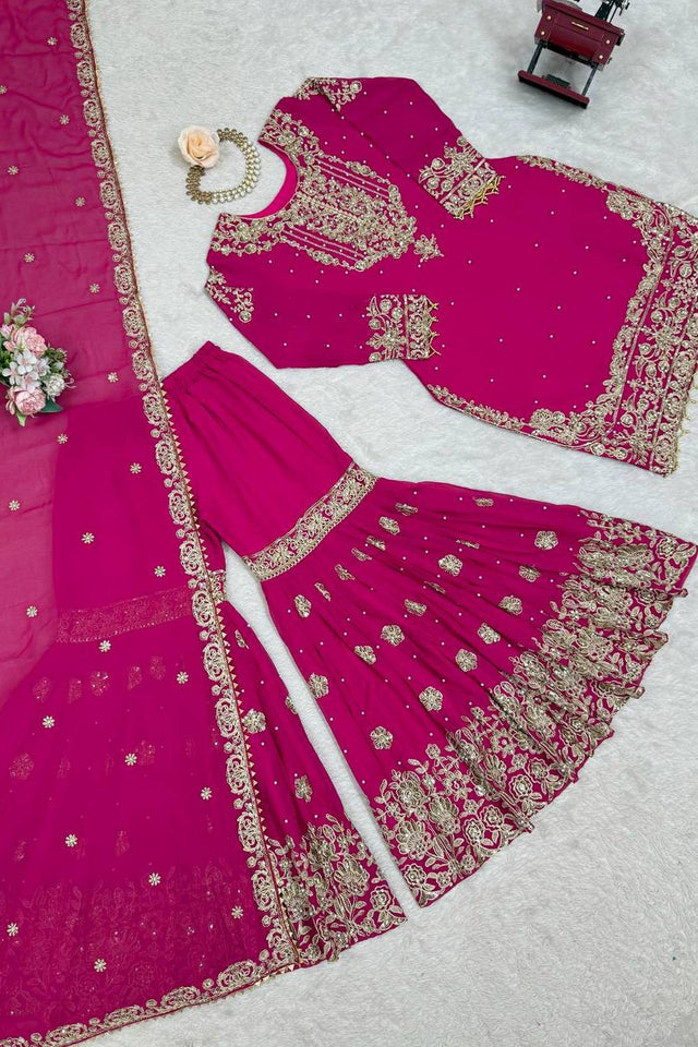 Pink Sequin with Embroidered Georgette Sharara Suits