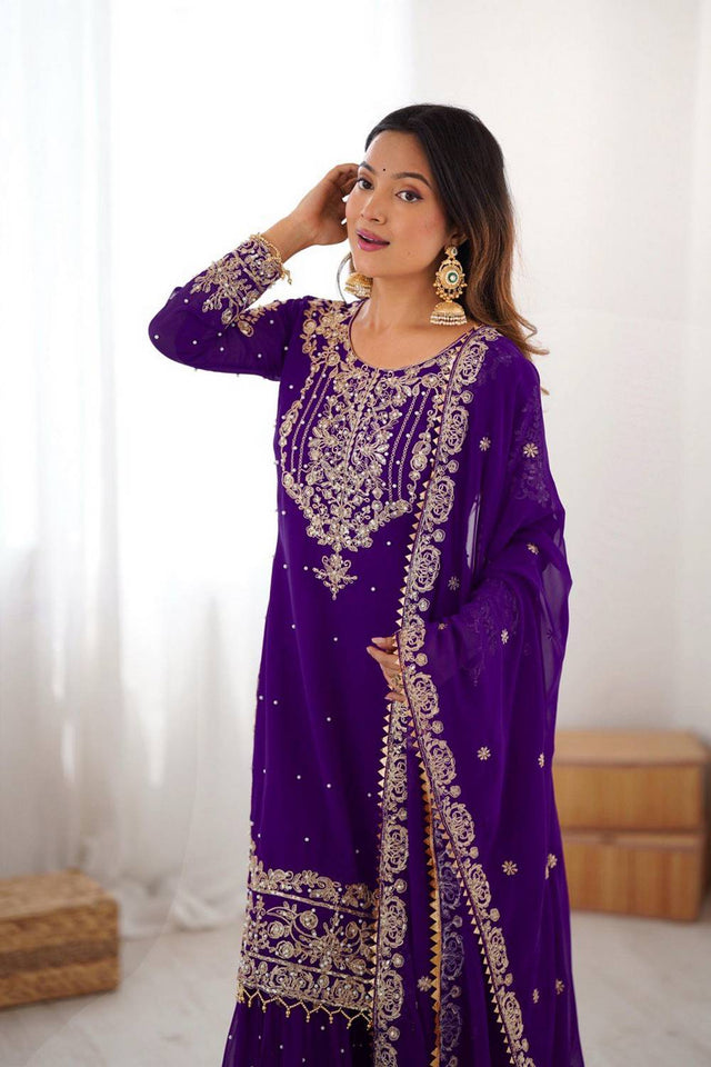 Violet Sequin with Embroidered Georgette Sharara Suits