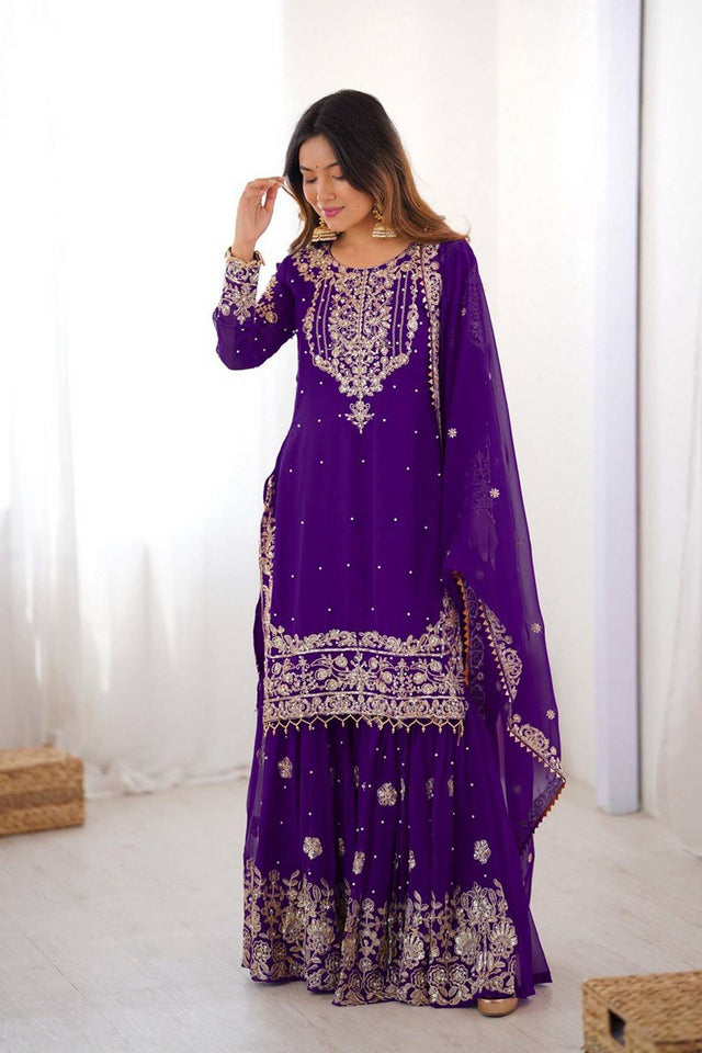 Violet Sequin with Embroidered Georgette Sharara Suits