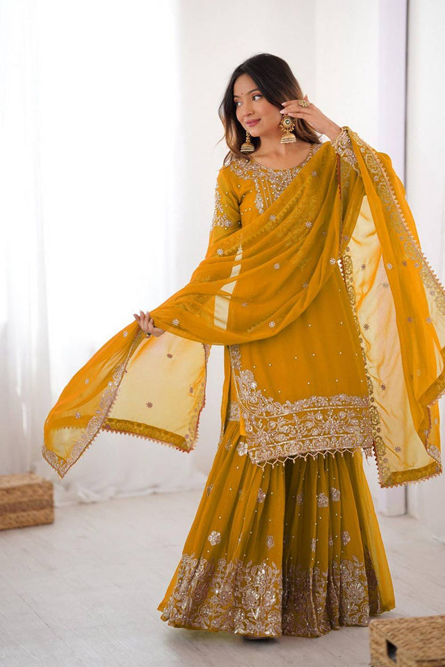 Yellow Sequin with Embroidered Georgette Sharara Suits
