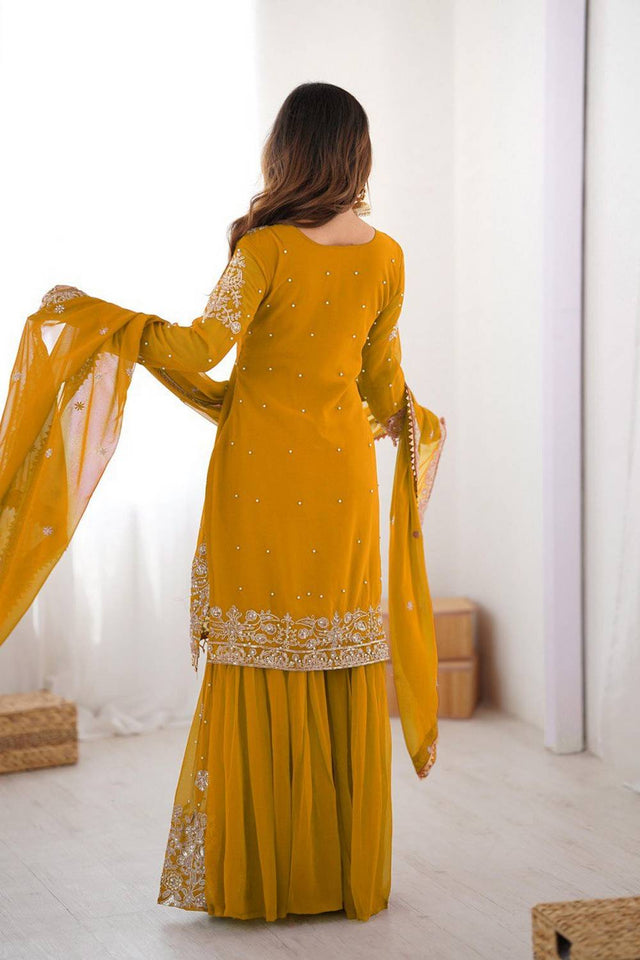 Yellow Sequin with Embroidered Georgette Sharara Suits