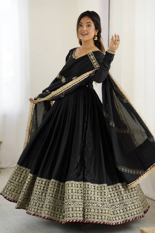 Black Floral Embroidered Silk Anarkali Suits