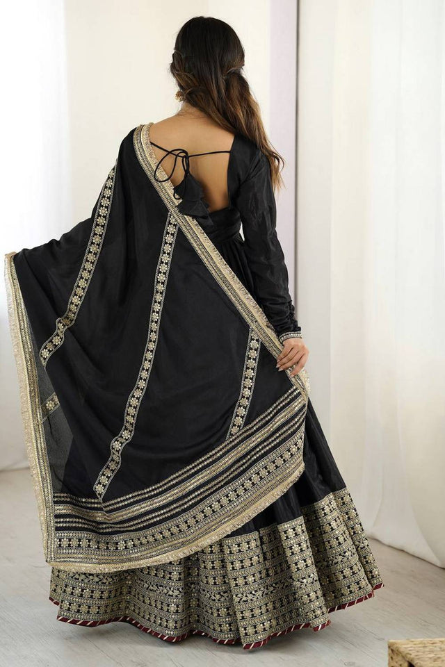 Black Floral Embroidered Silk Anarkali Suits