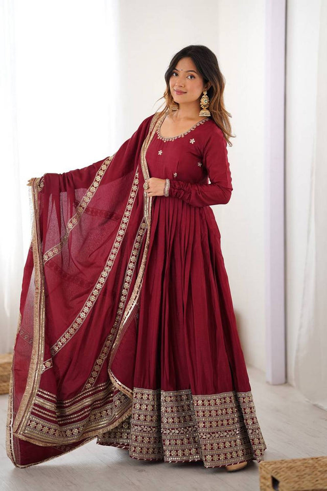 Maroon Floral Embroidered Silk Anarkali Suits