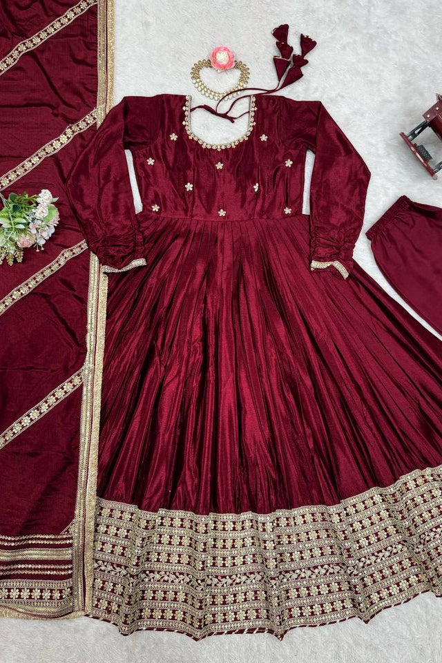 Maroon Floral Embroidered Silk Anarkali Suits