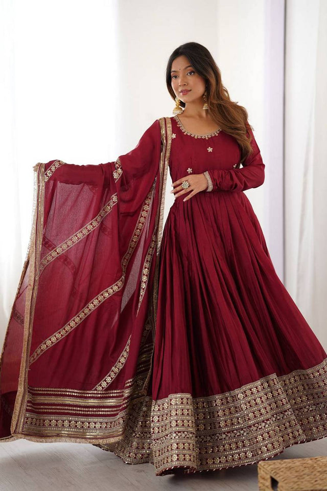 Maroon Floral Embroidered Silk Anarkali Suits