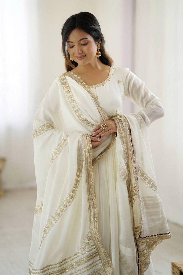 White Floral Embroidered Silk Anarkali Suits