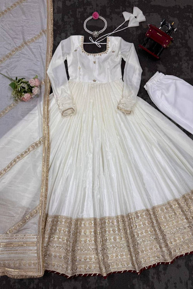 White Floral Embroidered Silk Anarkali Suits