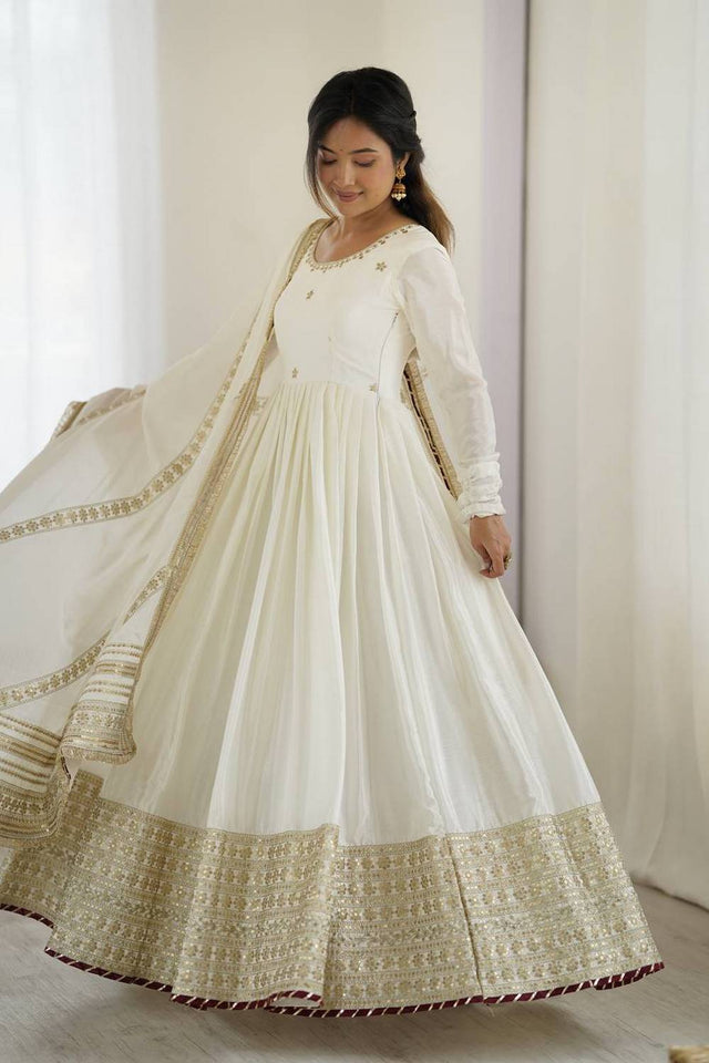 White Floral Embroidered Silk Anarkali Suits