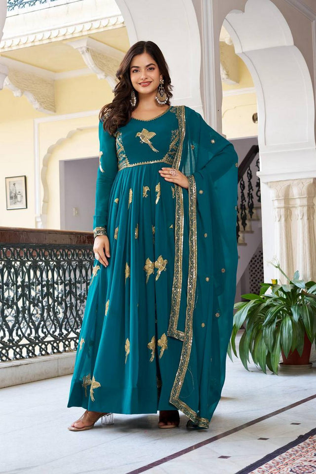 Turquoise Sequin with Embroidered Georgette Gown (SP-30-Teal)