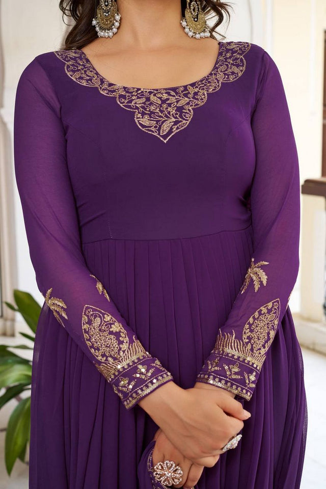 Violet Embroidered Georgette Anarkali Suit (SP-31-Purple)