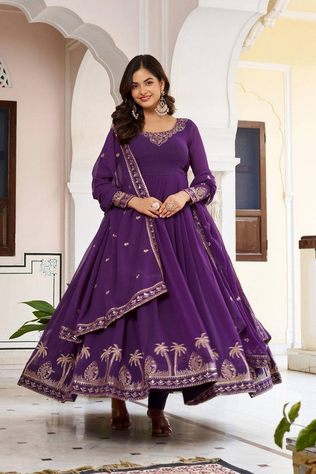Violet Embroidered Georgette Anarkali Suits