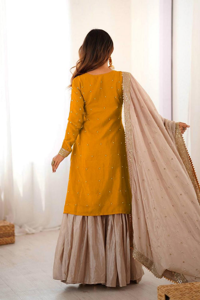 Yellow Floral Embroidered Chinon Sharara Suits (SP-38-Yellow)