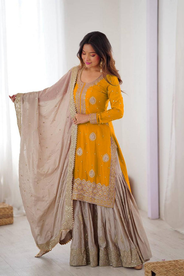 Yellow Floral Embroidered Chinon Sharara Suits (SP-38-Yellow)