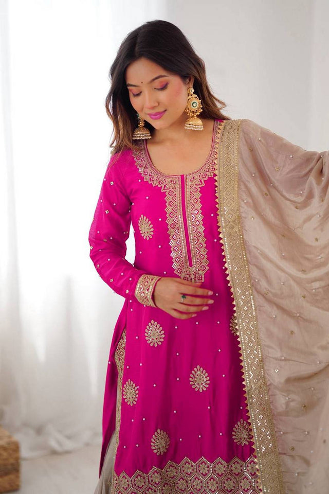 Pink Sequin with Embroidered Silk Sharara Suits