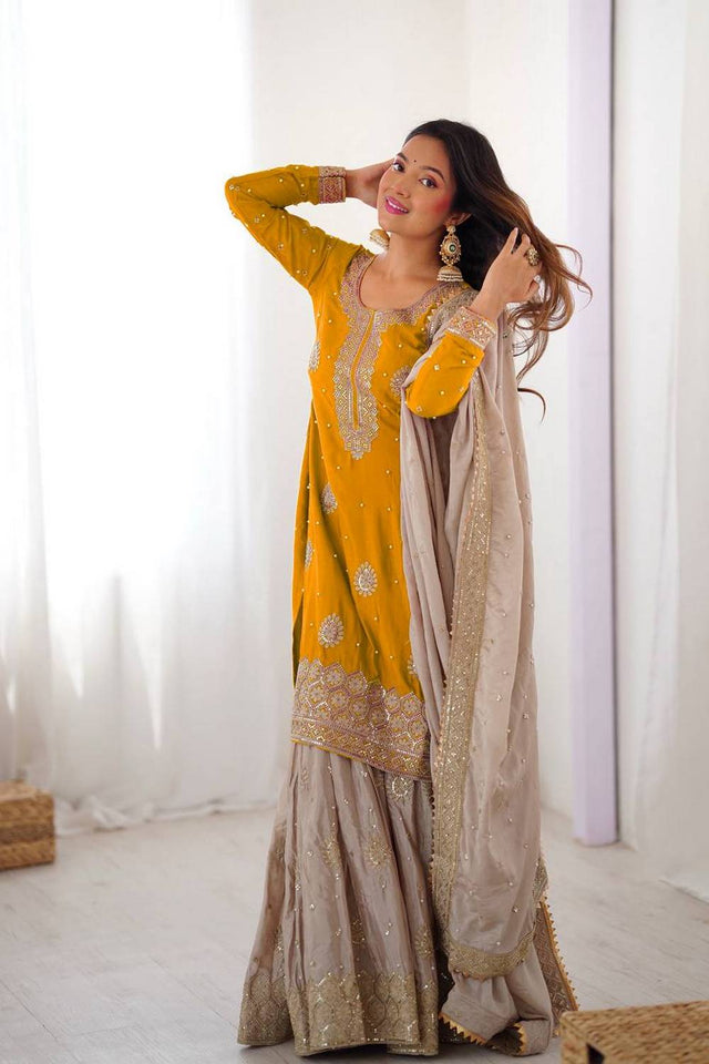 Yellow Sequin with Embroidered Silk Sharara Suits
