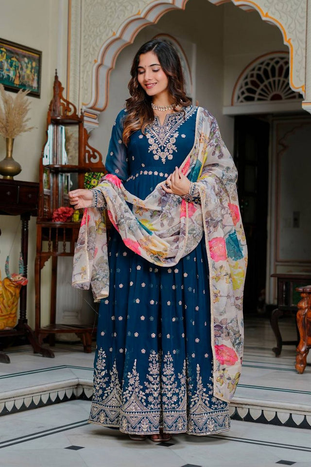 Turquoise Floral Embroidered Georgette Anarkali Suit (SP-55-Teal)