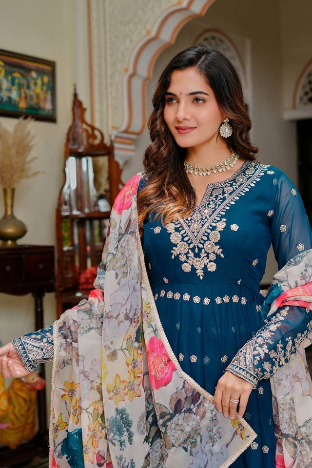 Turquoise Floral Embroidered Georgette Anarkali Suit (SP-55-Teal)