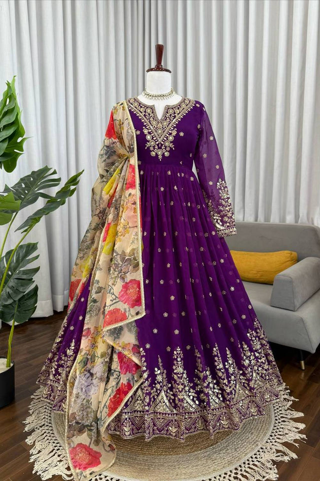 Violet Floral Embroidered Georgette Anarkali Suits