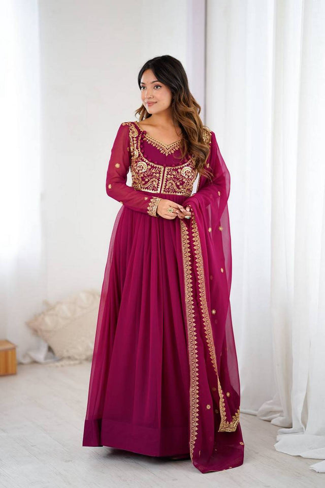 Violet Floral Embroidered Georgette Anarkali Suits