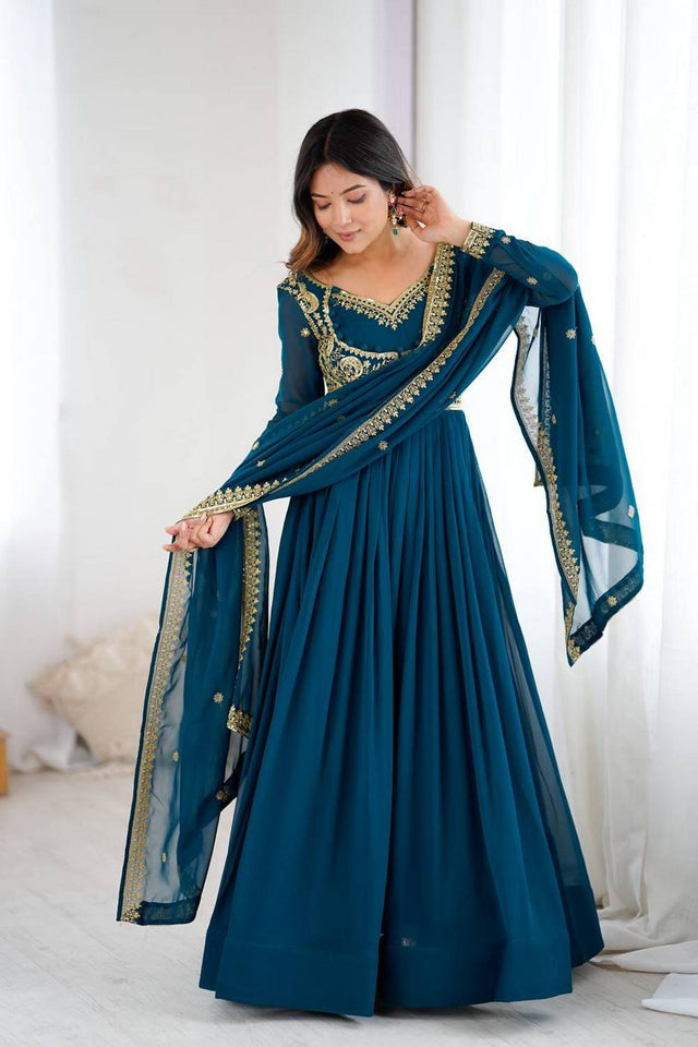 Royal Blue Floral Embroidered Georgette Anarkali Suits