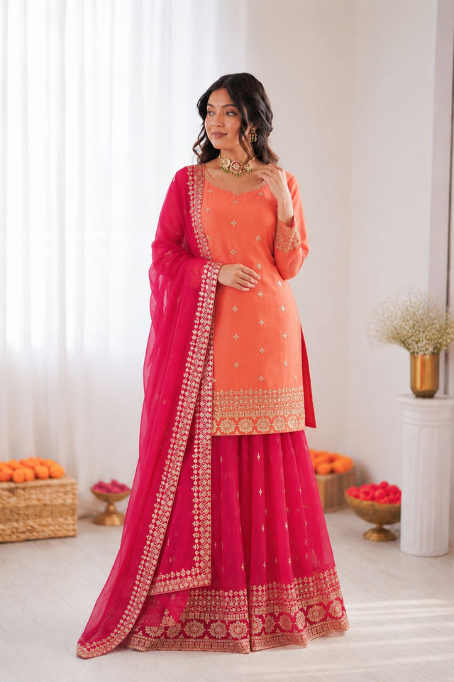 Peach Floral Embroidered Georgette Sharara Suit (SP-68)