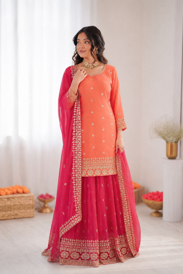 Peach Floral Embroidered Georgette Sharara Suit (SP-68)