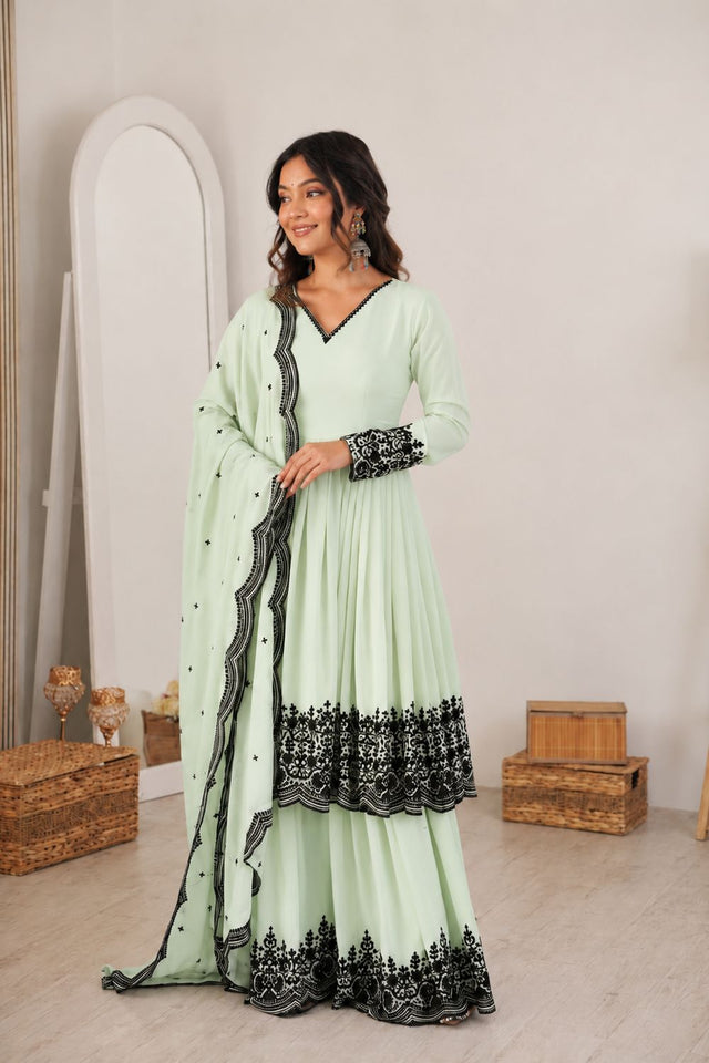 Green Embroidered Georgette Anarkali Suit (SP-71-pastel mint green)