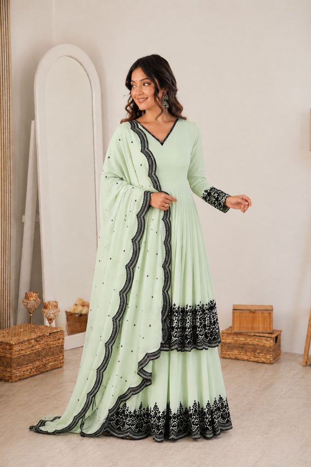 Green Embroidered Georgette Anarkali Suit (SP-71-pastel mint green)