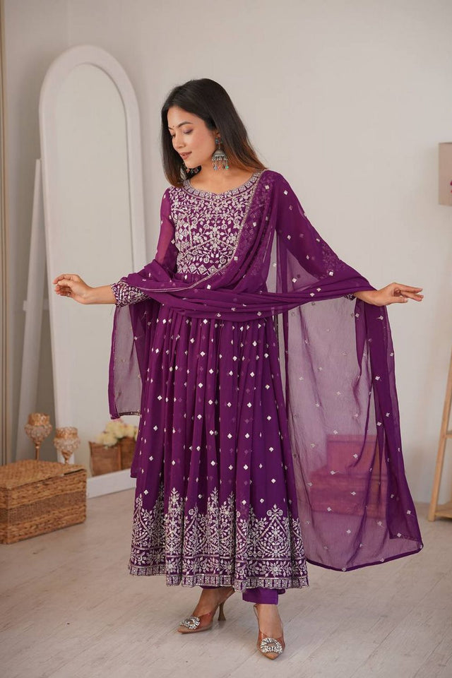 Violet Floral Embroidered Georgette Anarkali Suit (SP-81-Purple)