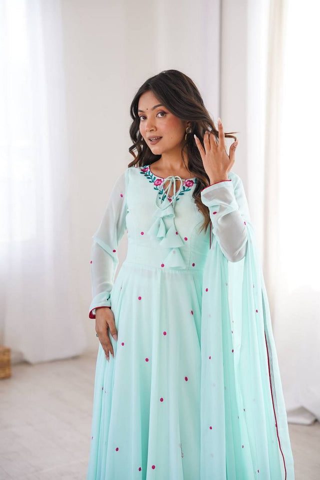 Blue Embroidered Georgette Anarkali Suit (SP-82-Sky)