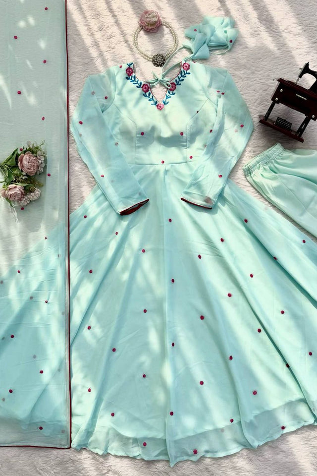 Blue Embroidered Georgette Anarkali Suit (SP-82-Sky)