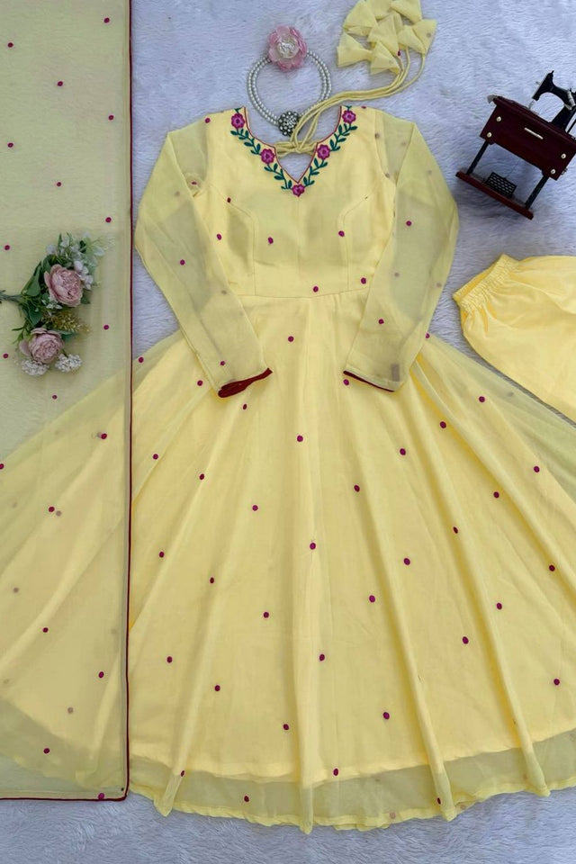 Yellow Embroidered Georgette Anarkali Suit (SP-82-Yellow)