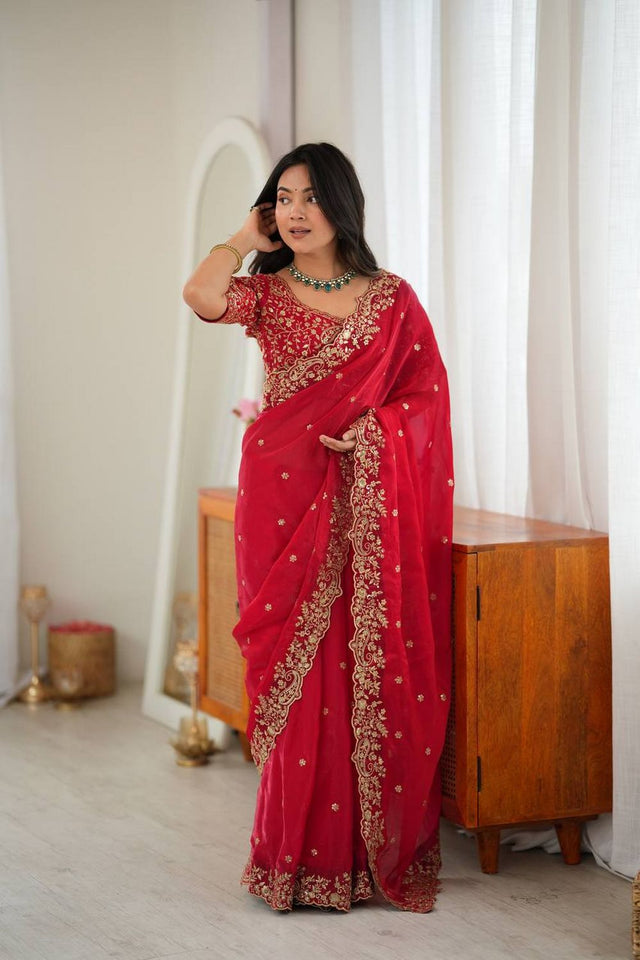 Red Sequin with Embroidered Silk Saree (SP-85)