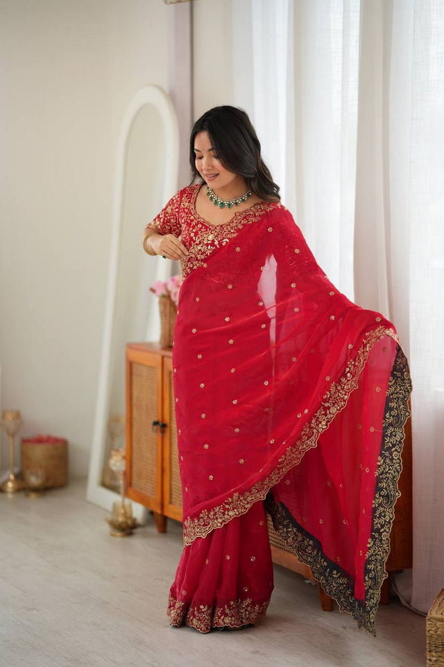 Red Sequin with Embroidered Silk Saree (SP-85)